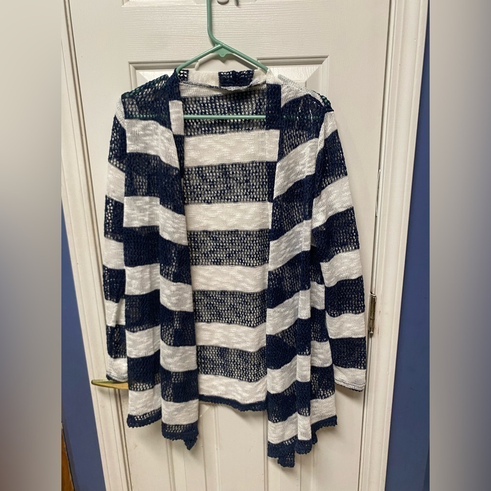 RETRO THREADS navy blue white stripes long sleeve knitted cardigan size L